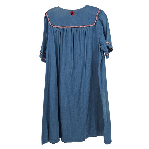 Go Softly Chambray Ladybug Embroidered Patio Dress 2X Snap Front Boho Relaxed - Picture 2 of 11